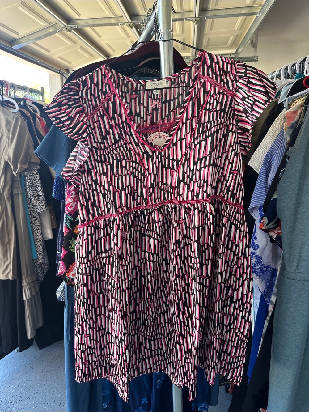 Umgee Pink and Black Patterned Empire-Waist Dress